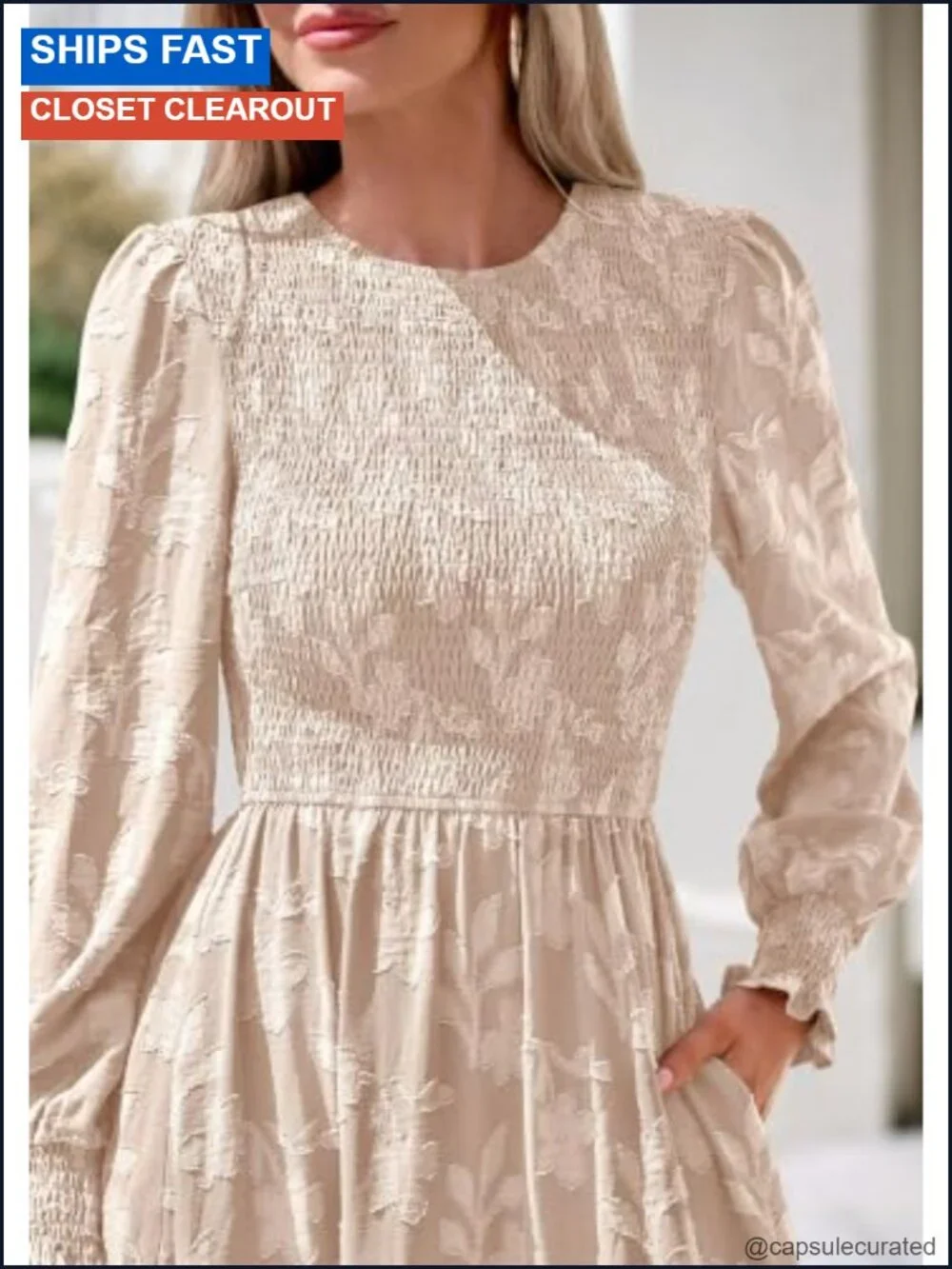 Floral Jacquard Midi Dress Long Lantern Sleeve Formal Wedding Guest